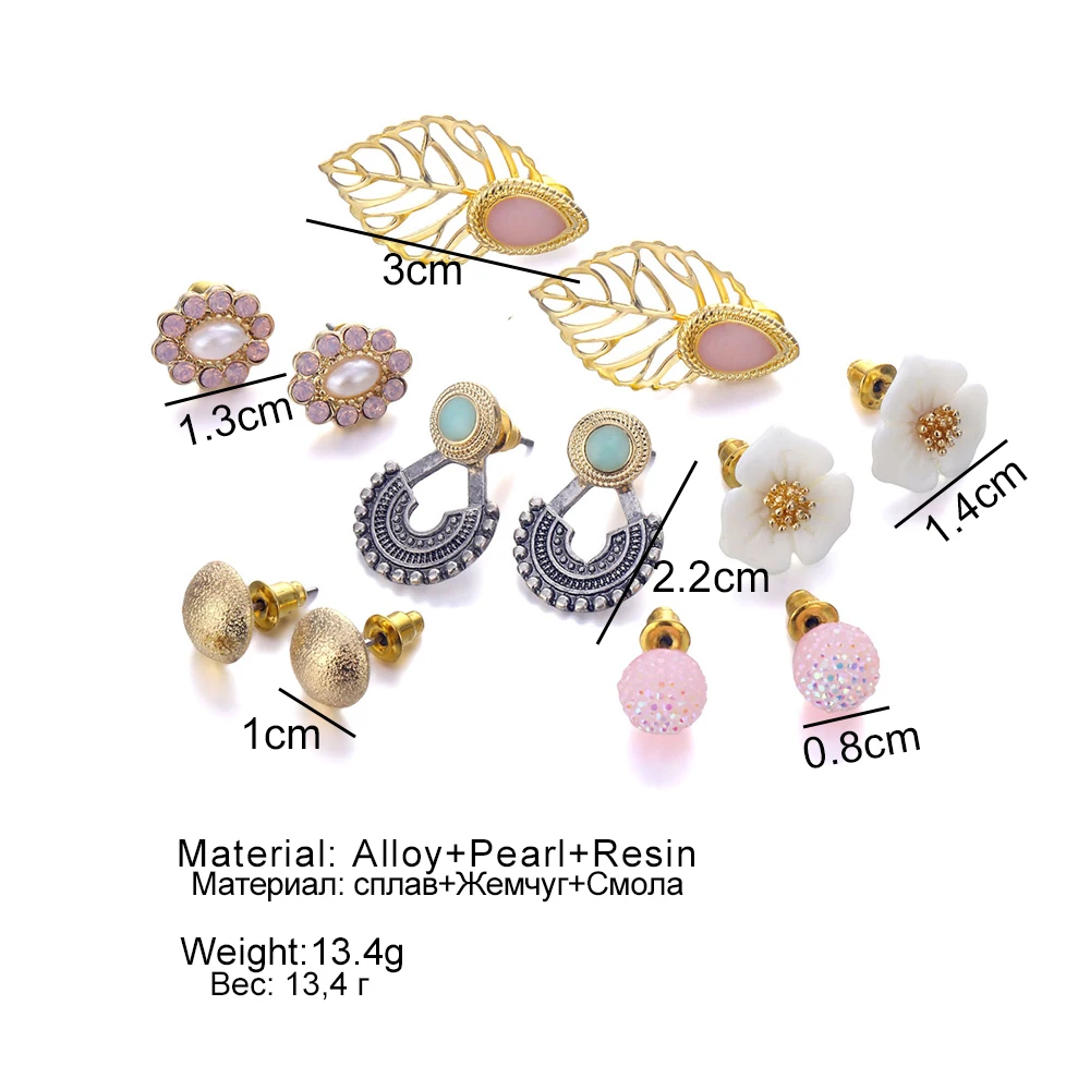 

FNIO Vintage Mixed Stud Earrings Set for Women Flowers Leaves Stone Bohemian Statement Hang Brincos 2020 Fashion Jewelry