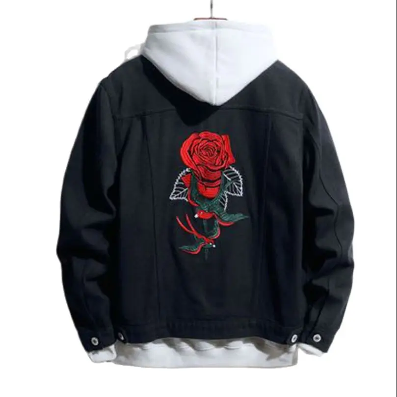 Джинсовая куртка с вышивкой в виде роз Мужская черная джинсовая рубашка Sukajan