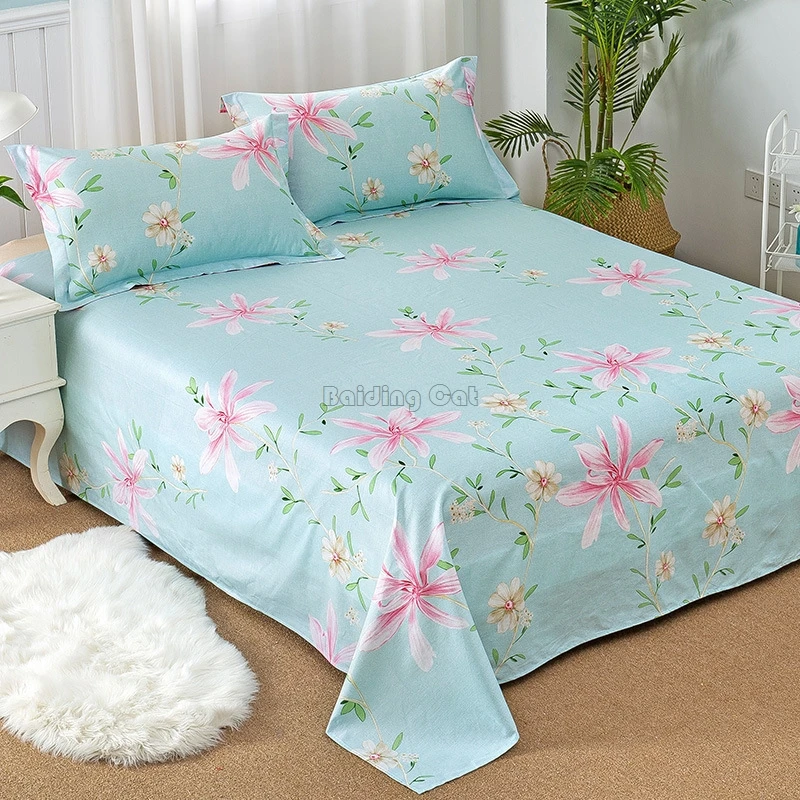New Spring Green Flower Printed Bed Sheet Cotton Flat Sheet for Bedding Set Bed Linens Twin Full Queen King Bedspreads