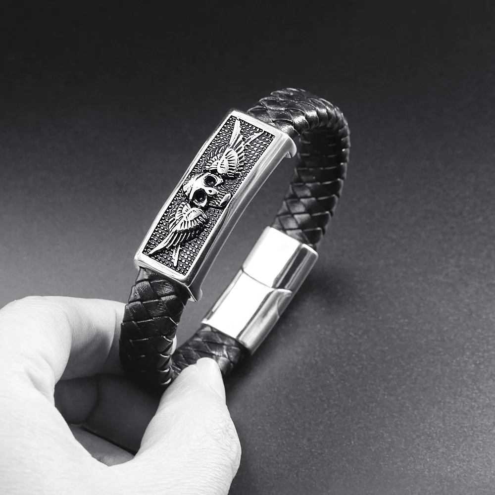 FIREBROS Magnetic Stainless Steel Angel Wing Skull Charm Genuine Leather Bracelet Chunky Exaggerated Men Retro Punk Jewelry Gift | Украшения
