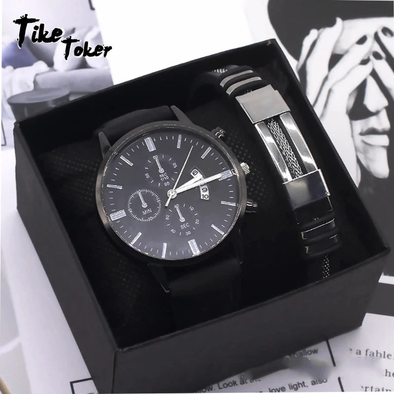 

Tike Toker, комплект из двух часов с браслетом, деловые модные мужские часы с календарем