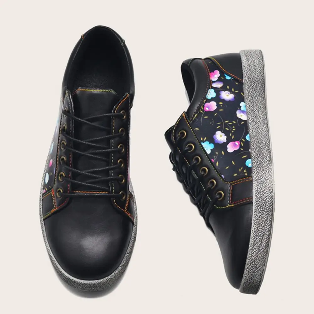

SOCOFY Women Floral Printed Flats PU Leather Comfy Wearable Shoes Lace Up Casual Outdoor Daily Sports Round Toe Sneakers