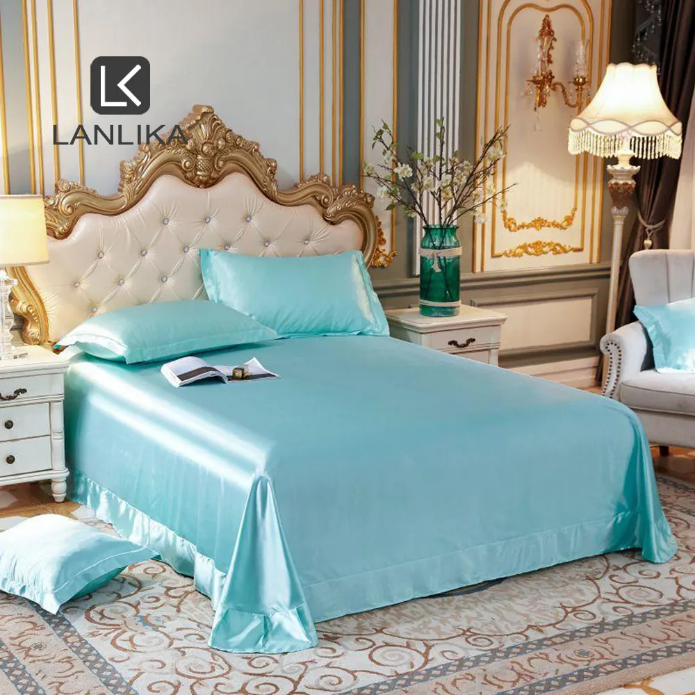 

Lanlika Beauty Luxury 100% Silk Blue Noble Flat Sheet Bed Linen Silky Double Queen King Bed Sheet Soft Pillowcase Home Textiles