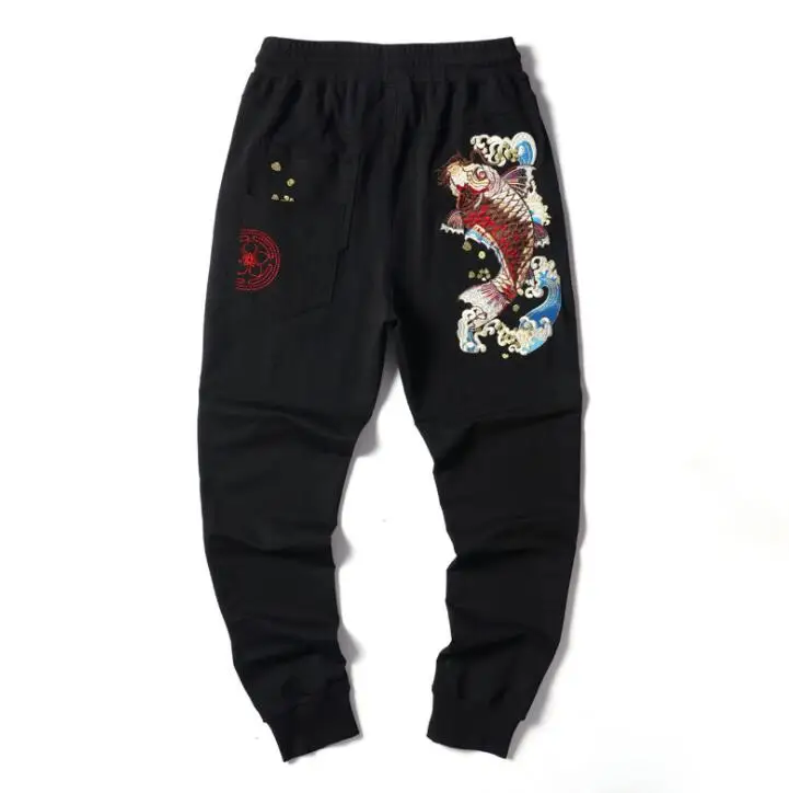 Autumn men's trousers winter new embroidered carp harem pants sweatpants loose solid color rope elastic pants Japanese black