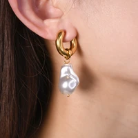 stainless stainless real 18k gold plated drop earrings geometric retro earring imitation baroque pearl jewelry for women
