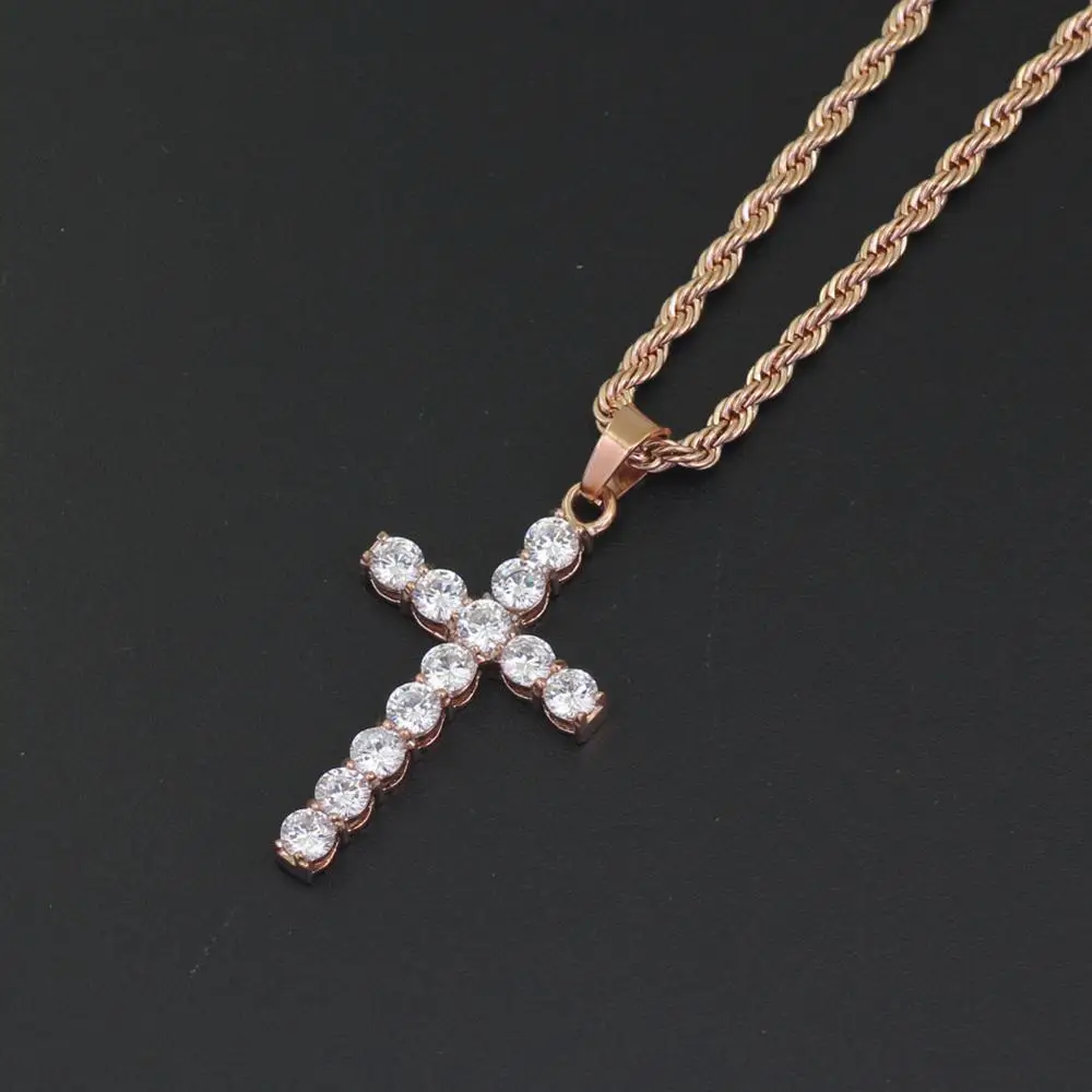Rose gold Ювелирные изделия из нержавеющей стали CZ каменный крест кулон ожерелье хип хоп ювелирные изделия 24 дюймов Веревка Цепь SN146 - Окраска металла: Rose gold
