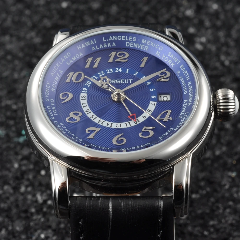 43mmCorgeut man Marchio di Lusso Orologio Meccanico Пелле di Moda Топ Doppio fuso orio GMT автоматические часы мужские желаемые часы