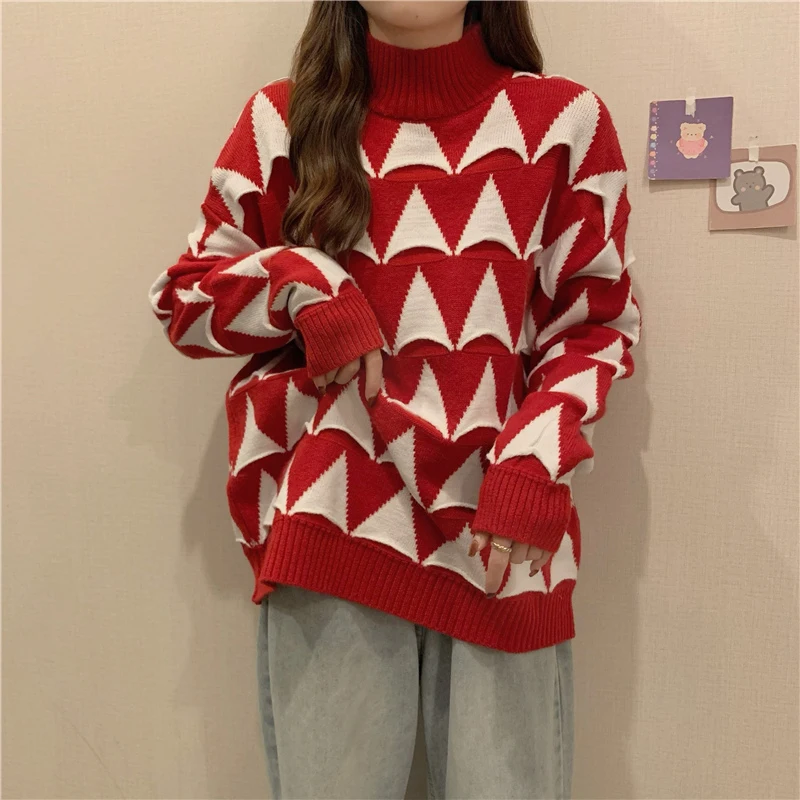 

Women's Turtleneck Long Sleeve Loose Oversized Knitted Sweater Pullover Fall Casual Tops Color Block Plaid Outwear Fit Jumper