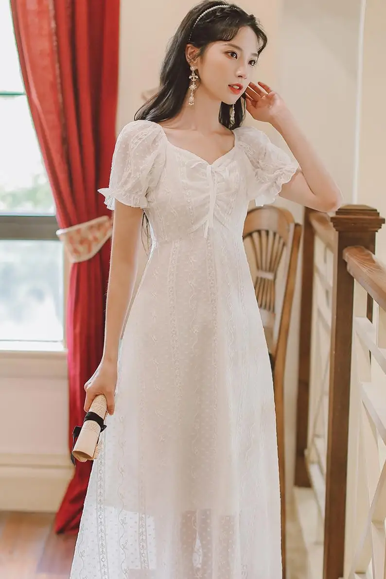 

COIGARSAM Vintage Solid Women One-Piece Dress Korean High Waist Dresses White 1532