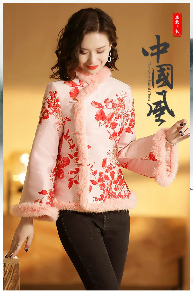 new year chinese-style dress Tang Costume collar cotton-padded jacket retro printing long-sleeved Short coat winter jackets