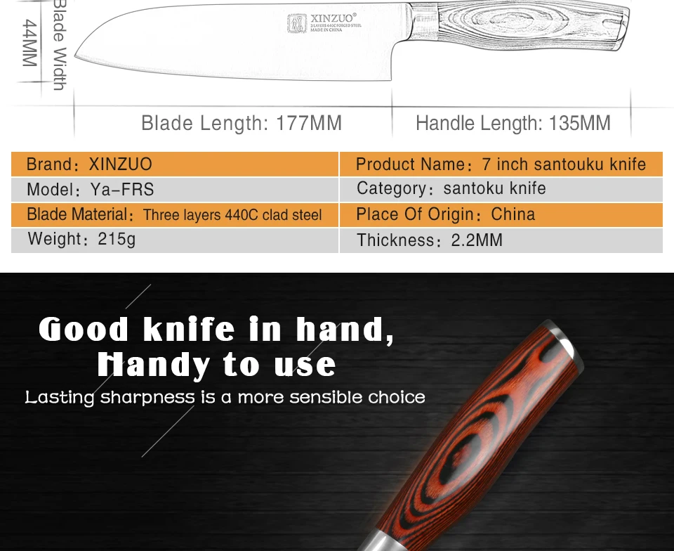 XINZUO 7 ''дюймовый нож Santoku немецкий 3 слоя 440C плакированный стальной нож из нержавеющей стали японский стиль шеф-повара с деревянной ручкой Pakka
