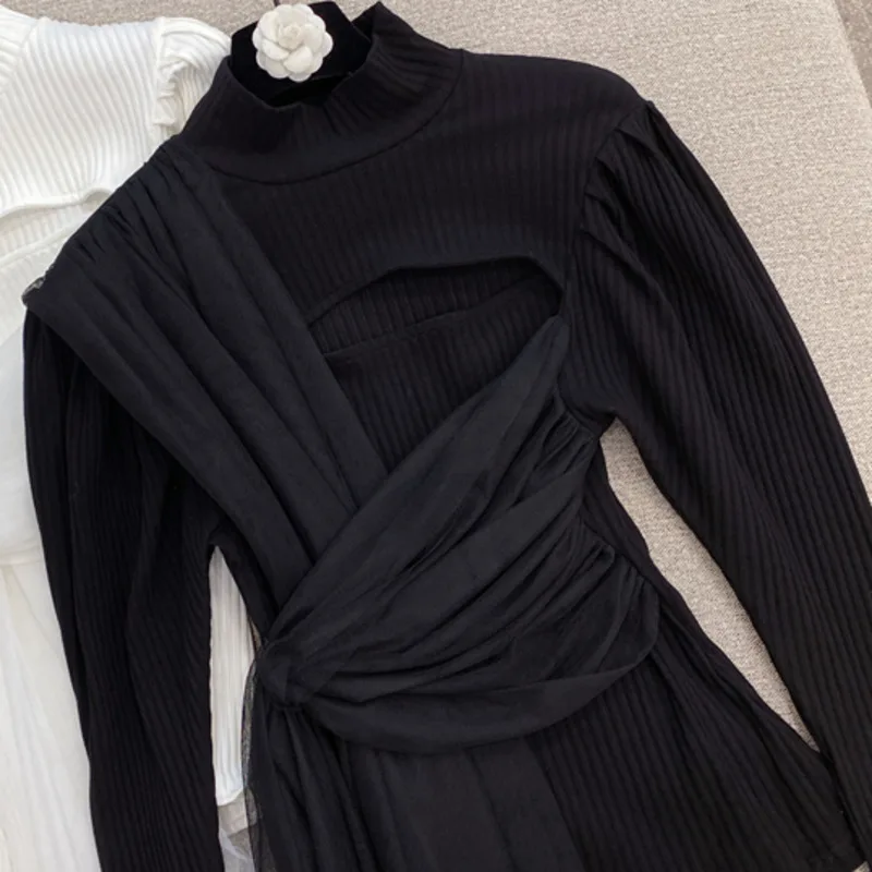 

2020 Winter women new fashion high collar long sleeve sexy hollowed out patchwork mesh edge knitted bottoming top RD721