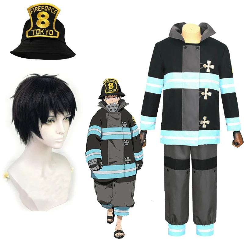 Shinra Kusakabe Cosplay Costume Enn Enn No Shouboutai Fire Force Wig and Accessories Adult Unisex Fire Brigade Uniform Set