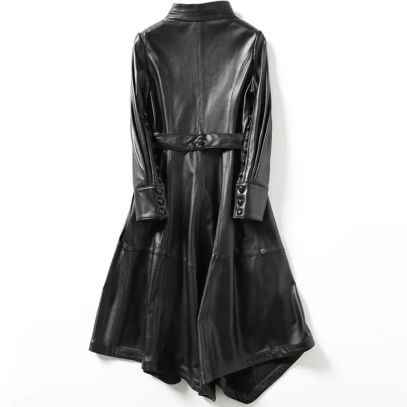 Spring Genuine Leather Women Sheepskin Slim Long Coat Black Stand Collar Long Sleeve Soft Temperament Jacket Single Breasted