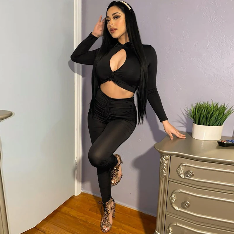 

Комплект из двух предметов, укороченный топ с длинным рукавом, облегающие спортивные брюки, Женская повязка с вырезами, сексуальная одежда ...