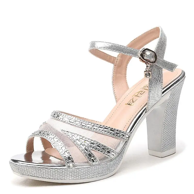 

35-40 size Summer women shoes 9cm heel height Open Toe women sandals fashion bling sandals square heel sandals