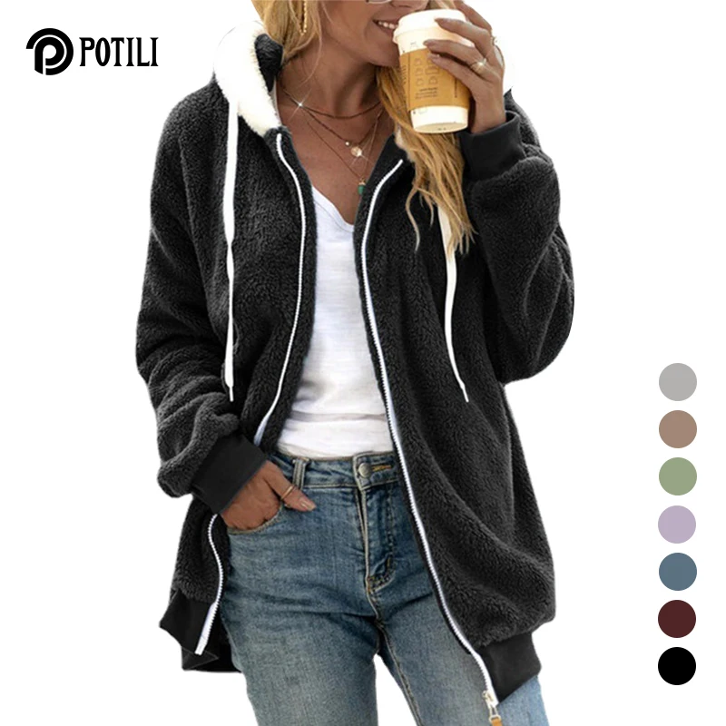 

Женская осенне-зимняя куртка POTILI 2022, Женское пальто с капюшоном, повседневные Мягкие флисовые плюшевые теплые женские топы на молнии из иск...