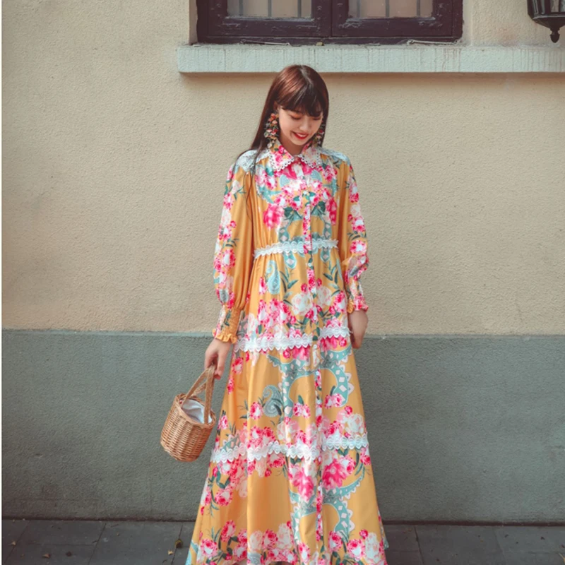 

2021 Spring High Quality Fashion Court Style Floral Printing Large Size Loose Women's Gown Lace Mosaic Elegant Girl's Dress