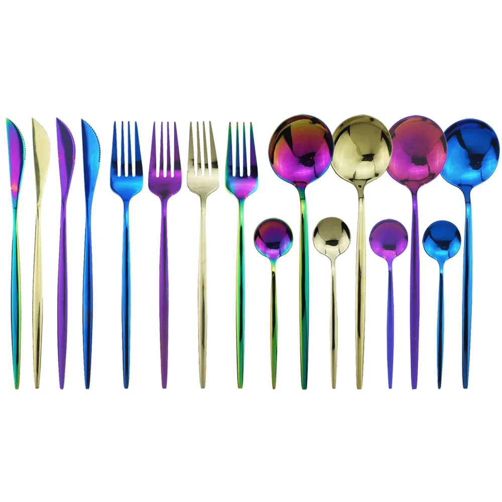 24 шт. красочные радужные золотые столовые приборы набор посуды из нержавеющей