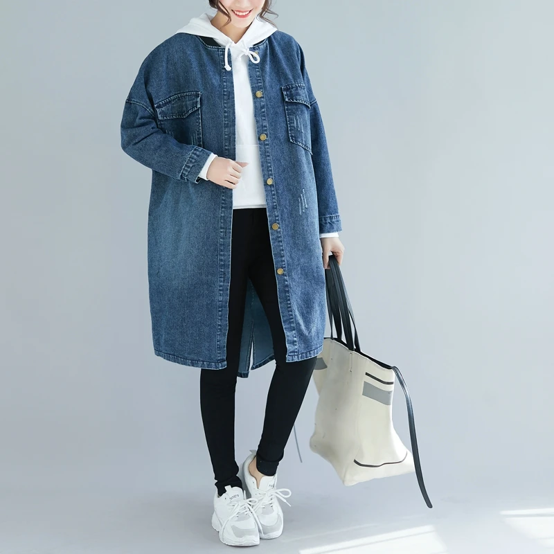 

Oversized Plus Size Women Denim Trench Coat Fashion Lady Casual Loose Jeans Outerwear Female Overcoat 2021 New Spring Autumn