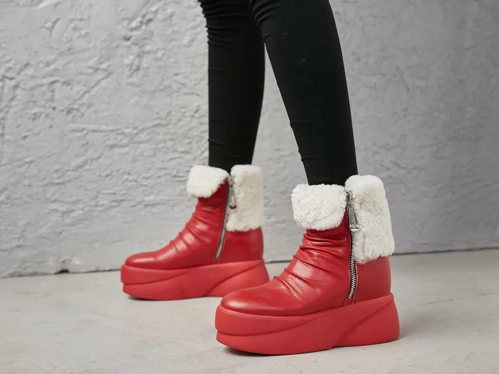 

Dilalula 2021 Luxury Genuine Leather Round Toe Wool Lining High Increasing Heels Snow Boots Women Winter Platform Warm Boots