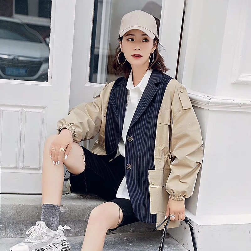 TWOTWINSTYLE хит цветное лоскутное Полосатое Женское пальто зубчатый рукав летучая