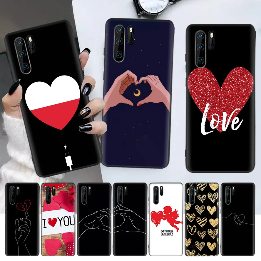

Love Heart Black Phone Case For Huawei P30 Lite P20 Pro P40 P10 Mate 20 40 30 10 P Smart Z Plus Pattern Cover Bag Back