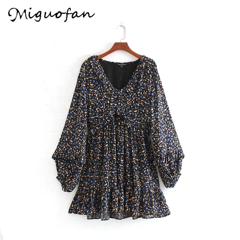 Женское мини платье с цветочным принтом Miguofan Осеннее винтажное v образным