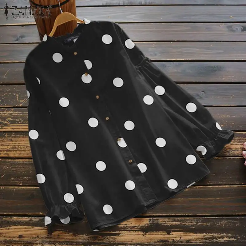 

ZANZEA Women Casual Polka Dots Chemsie Long Puff Sleeve Ruffle Blouse Oversized Femme Autumn Party Shirt Tunic Button Blusa Tops