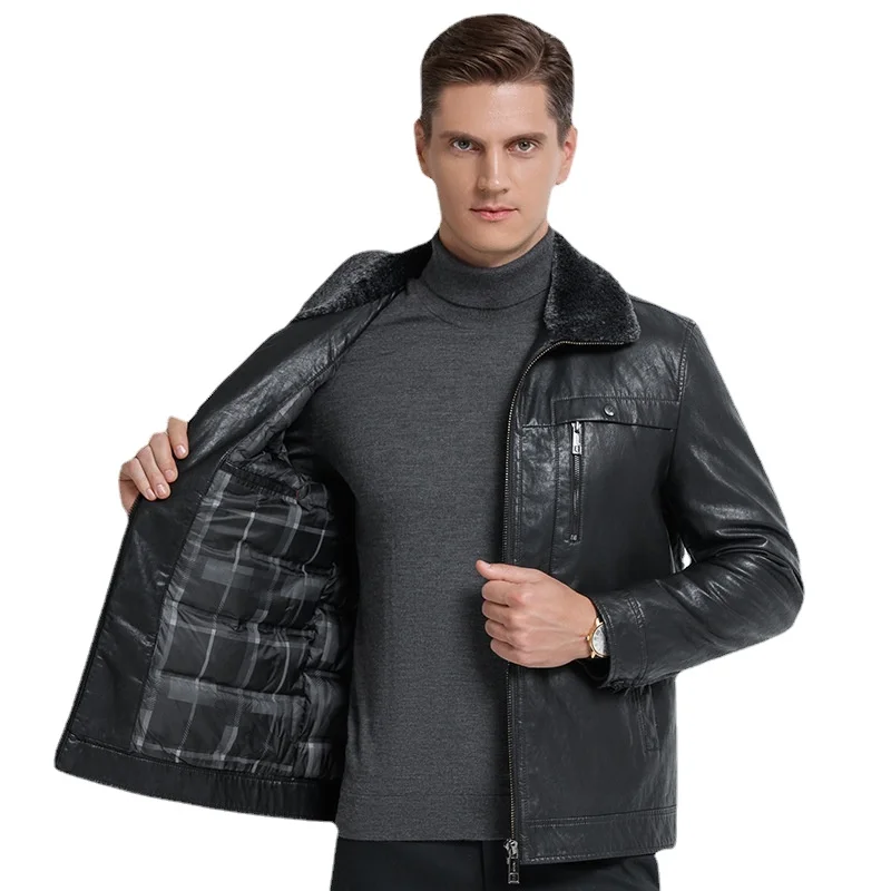 

Новинка 2109, модная кожаная куртка, короткое зимнее утепленное пальто из овечьей шерсти с воротником для мужчин среднего и молодого возраста