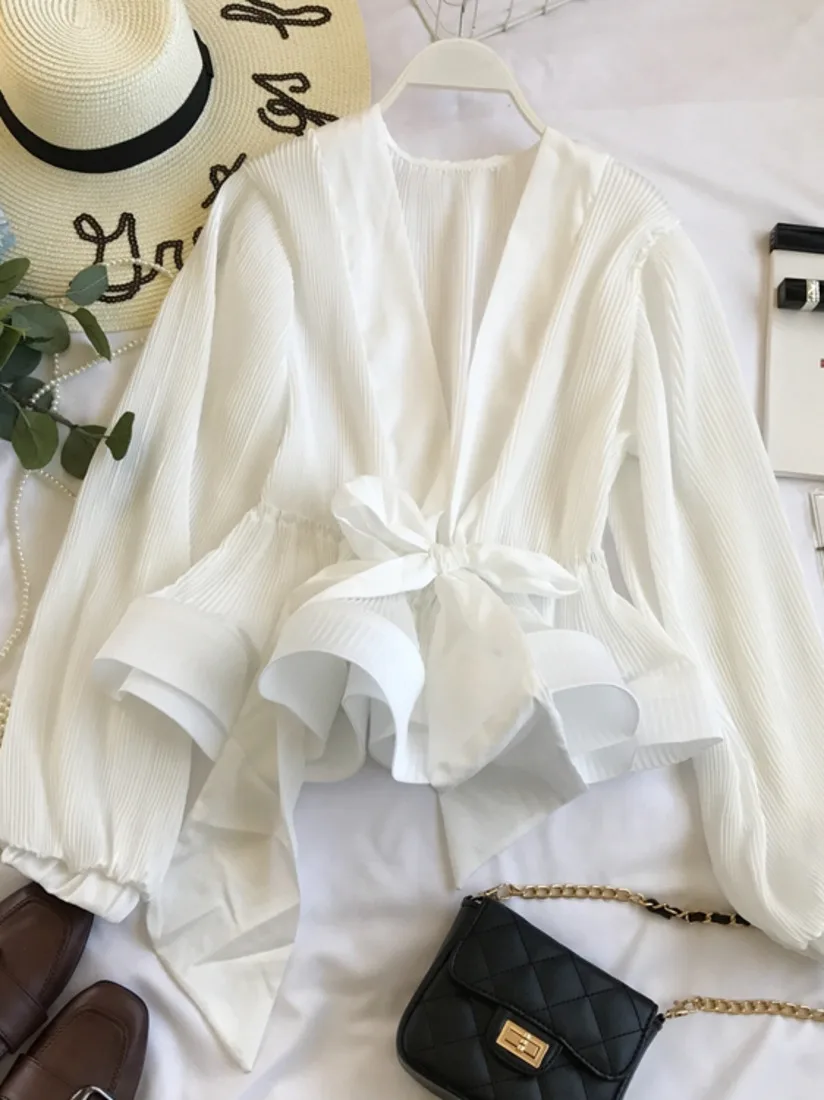

2021 Spring Summer New V-neck Pleated Lace Up Top Bow Ruffle Blouse Long Lantern Sleeve Chiffon Shirt Casual Party Holiday Work
