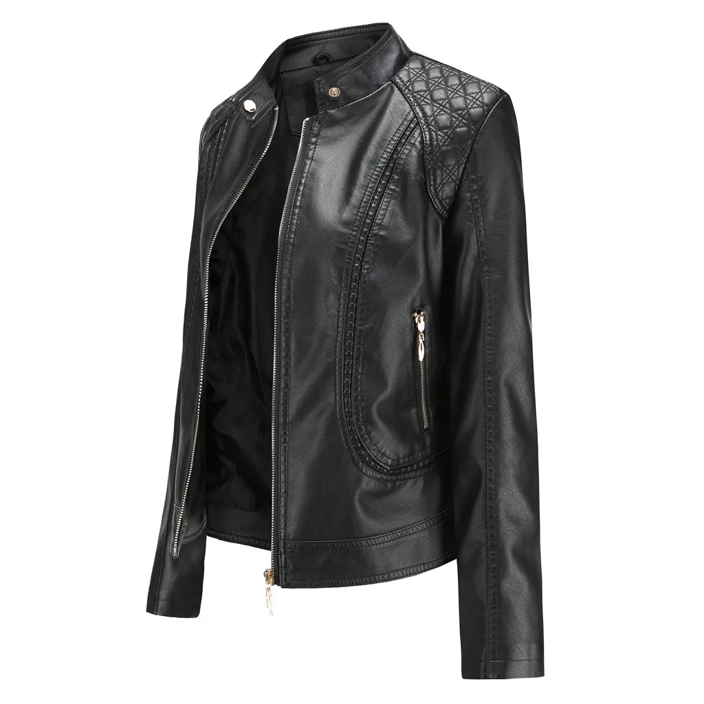 Кожаная куртка со стоячим воротником в байкерском и стиле женская верхняя одежда