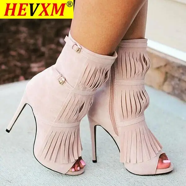 

2021 Fashion Designed Fringe Peep Toe Buckle Strap Ornament Women Ankle Boots Lady Dress Shoes High Heel Short Booty