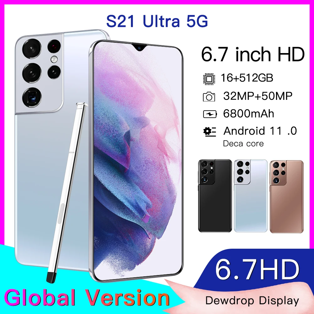 Последняя версия S21 + Ультра 6 7 дюймовый Смартфон Android 11 16 Гб ОЗУ 512 ПЗУ две sim карты