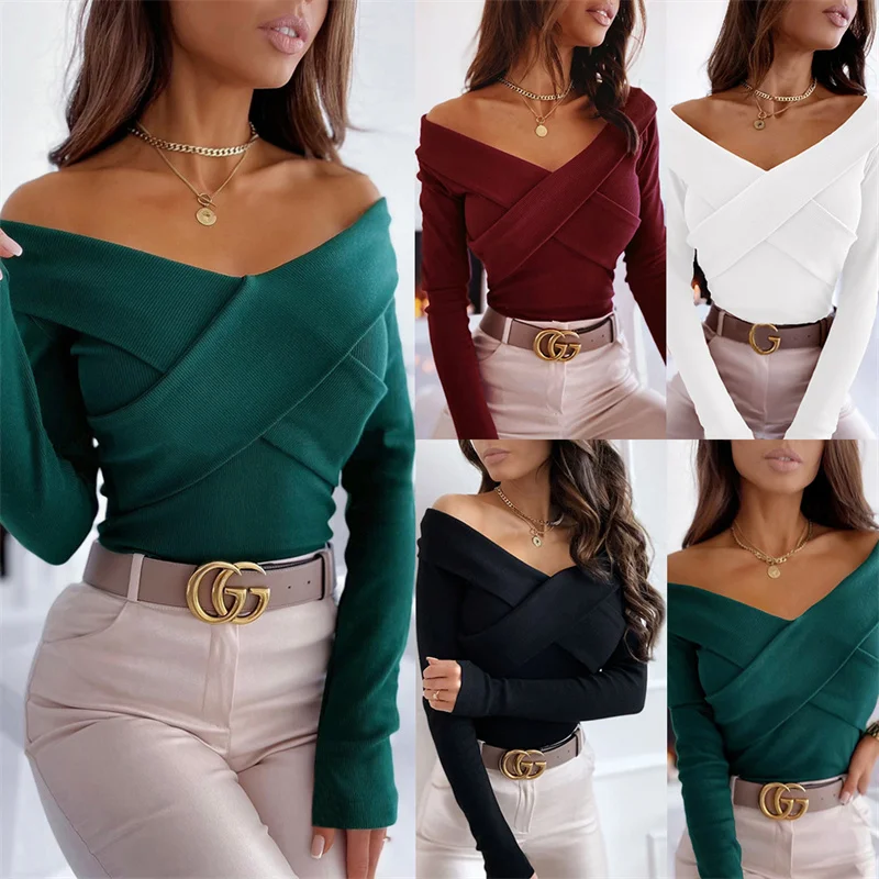 

Women Sexy Elegant Pullover Blouse Solid Long Sleeve Off Shoulder Female Top Autumn Winter Casual Office Slim Women Streetwear