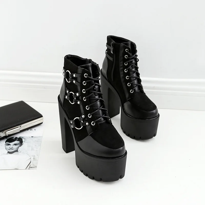

New Fashion Motorcycle Boots Women Platform Heels Casual Shoes Lacing Round Toe Shoes Ladies Autumn Boots Black 20jk