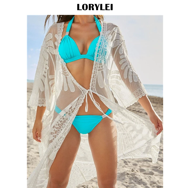 2020 сексуальное прозрачное вышитое длинное кимоно кардиган Белый Черный