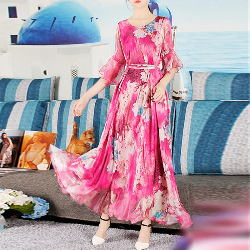 

Colorful Floral Printed Chiffon Long Maxi Dress Free and loose Beach Wedding Long Flare Sleeve Sundress Plus Sizes