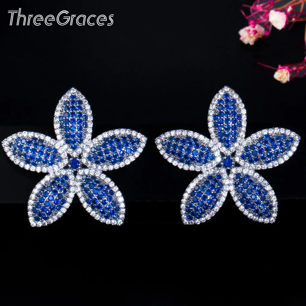 

ThreeGraces Korean Style Blue Cubic Zirocnia Big Flower Shape Stud Earrings for Women Wedding Engagement Fashion Jewelry ER380