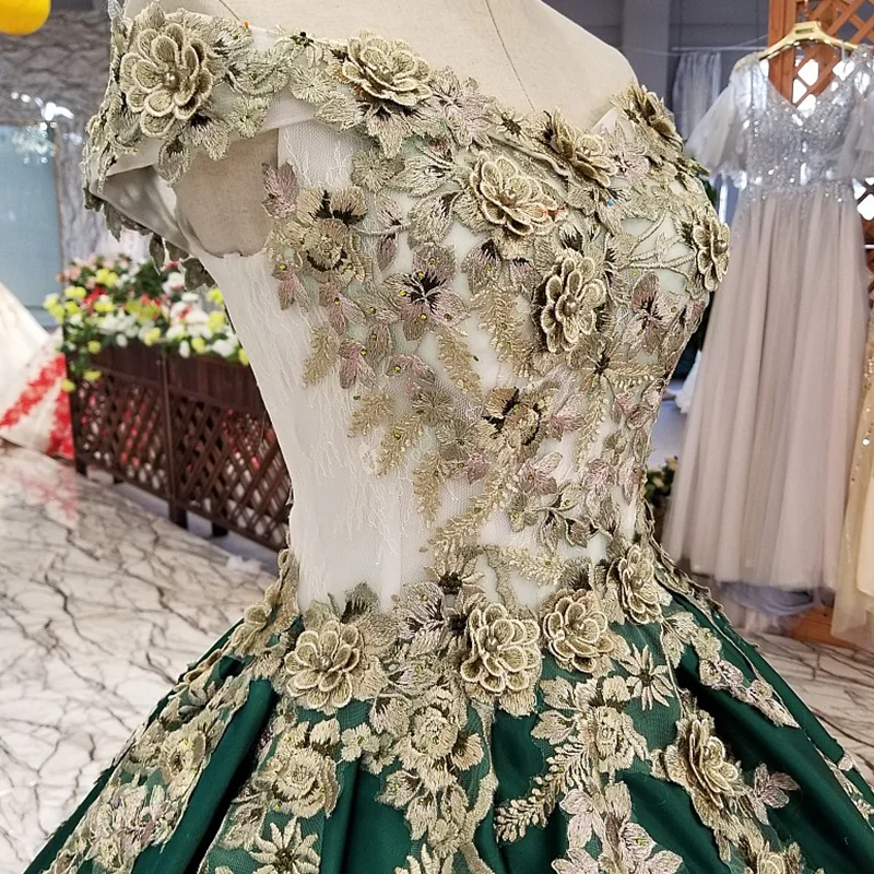 LS14776 зеленое вечернее платье с золотыми цветами модель 2018 года трапеция