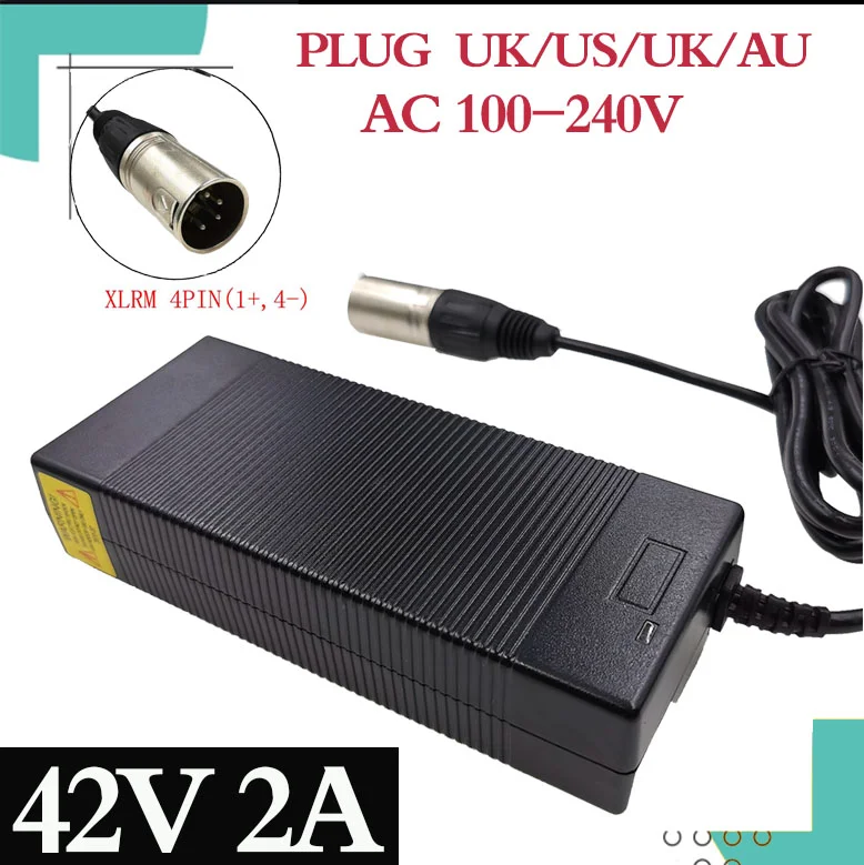 42V 2A electric bicycle lithium battery charger for 36V 18650 lithium battery pack with 4-pin XLR socket connector EU USA AU UK