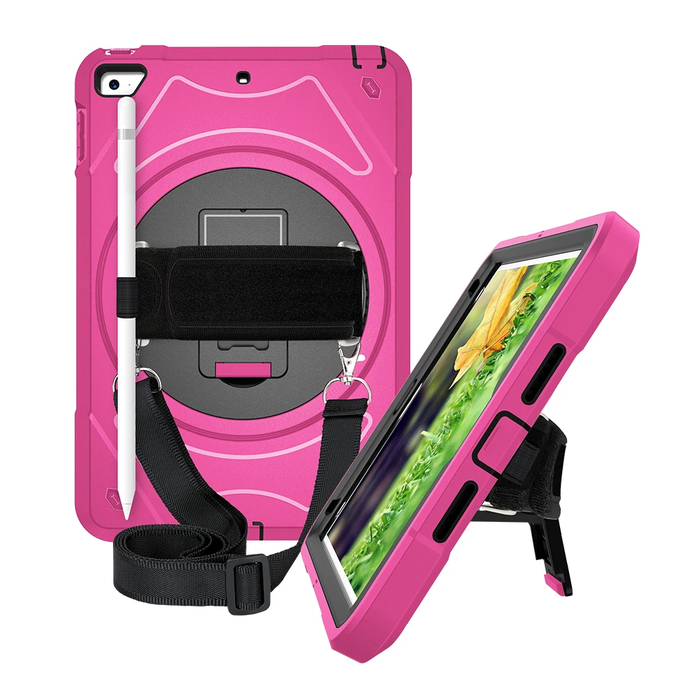 Rose Red with strap Для iPad Mini 5 4 чехол с держателем карандаша сверхпрочный чехол вращающийся на 360 ручной ремень подставка плечевой ремень Mini5 планшет MTL02 - Цвет: Rose Red with strap