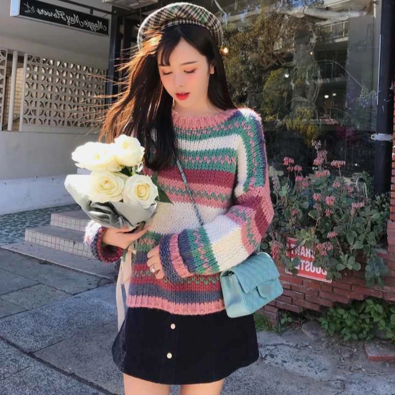

Women Rainbow Striped Sweater Causal Black Loose Knitted Top Pullovers