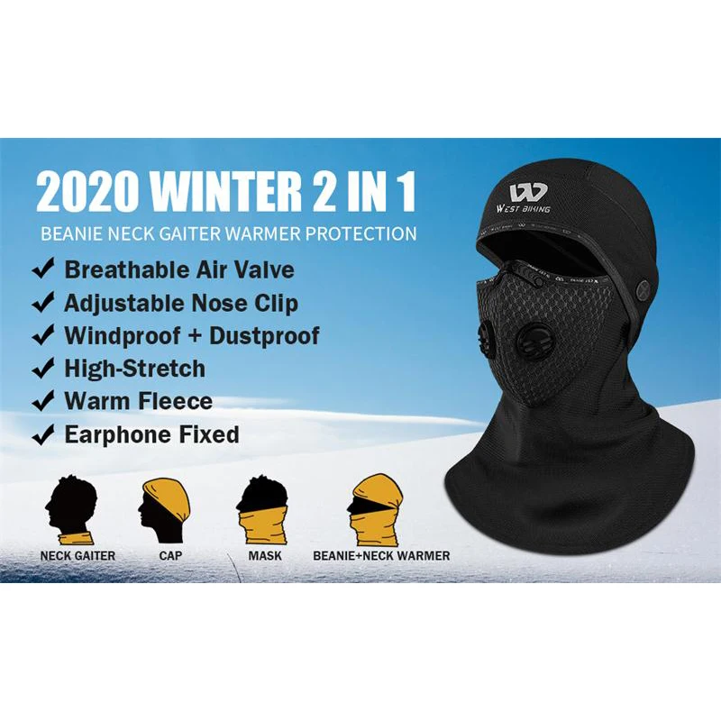 

WEST BIKING 2020 Winter Sport Cycling Headwear With Activated Carbon Filter Face Cover Ski Bicycle Motocycle Fleece Head Cap Hat