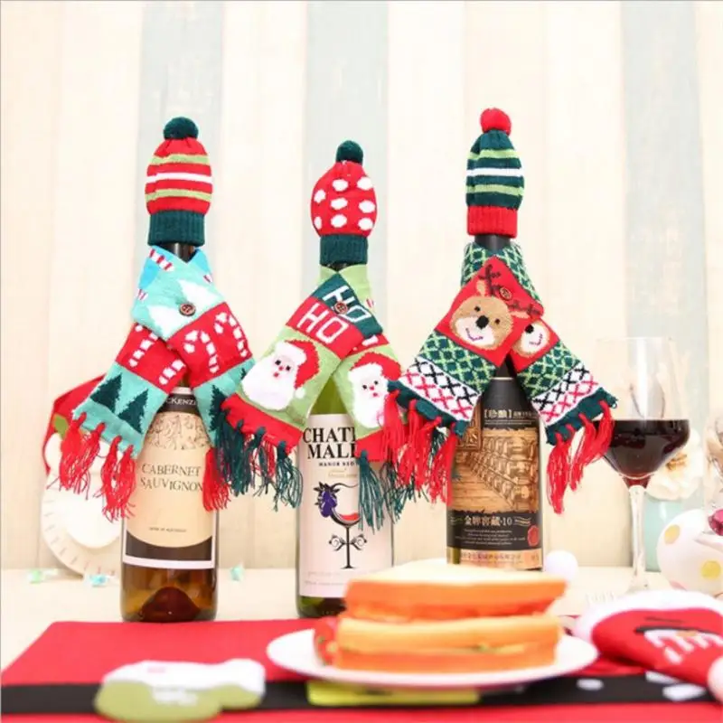Рождественские Чехлы для винных бутылок праздничный шарф шляпа чехол бутылки