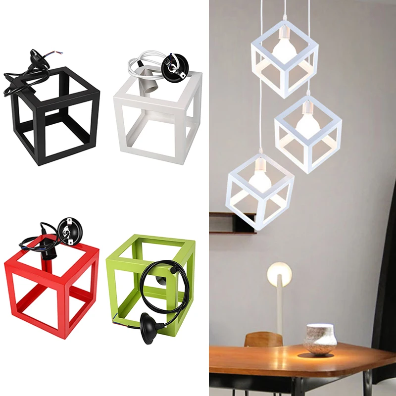 

E27 Bulb Cage Guard Ceiling Pendant Square Cover Shade Light Cafe W/Cable