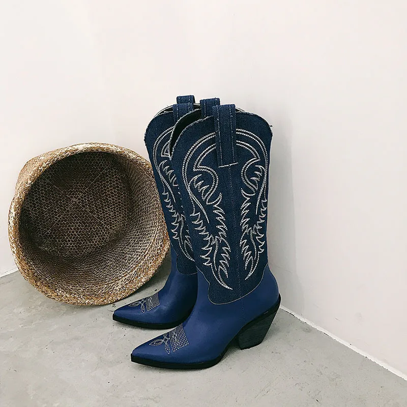 Женские сапоги до колена в западном стиле рыцарские боевые длинные с вышивкой