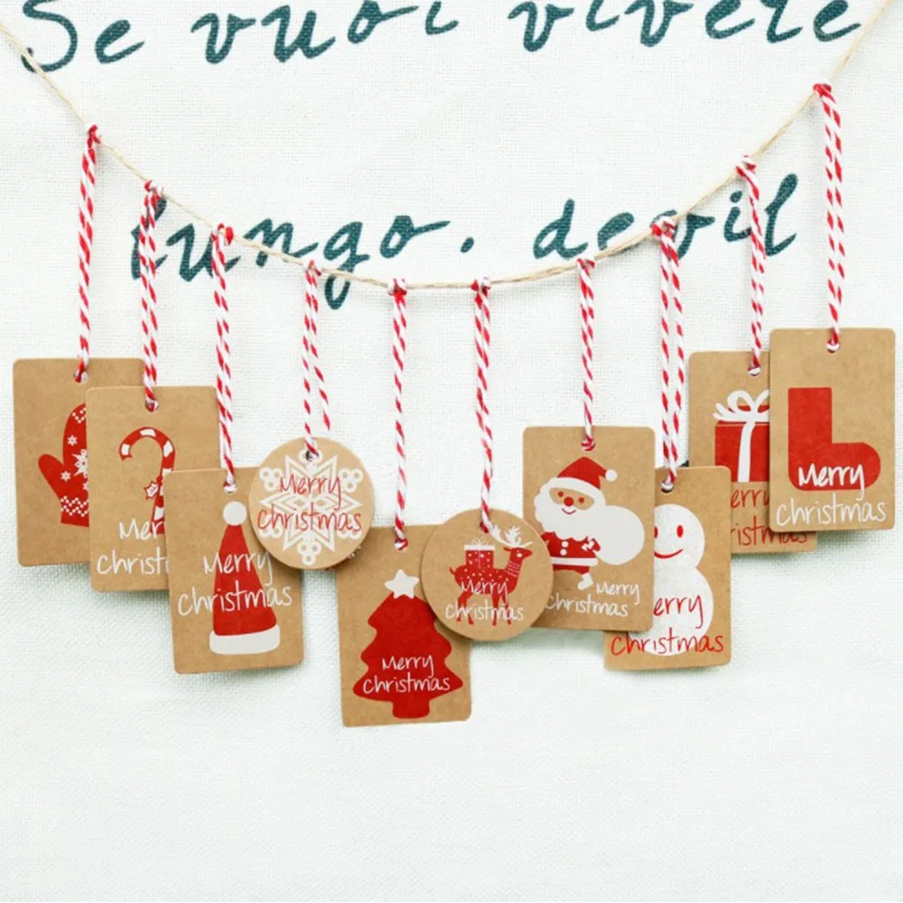 

50PCS Merry Christmas Hanging Tags Kraft Paper Tag Gift Decoration Size Label +Rope Natale Decorazioni Noel Decoration 2021