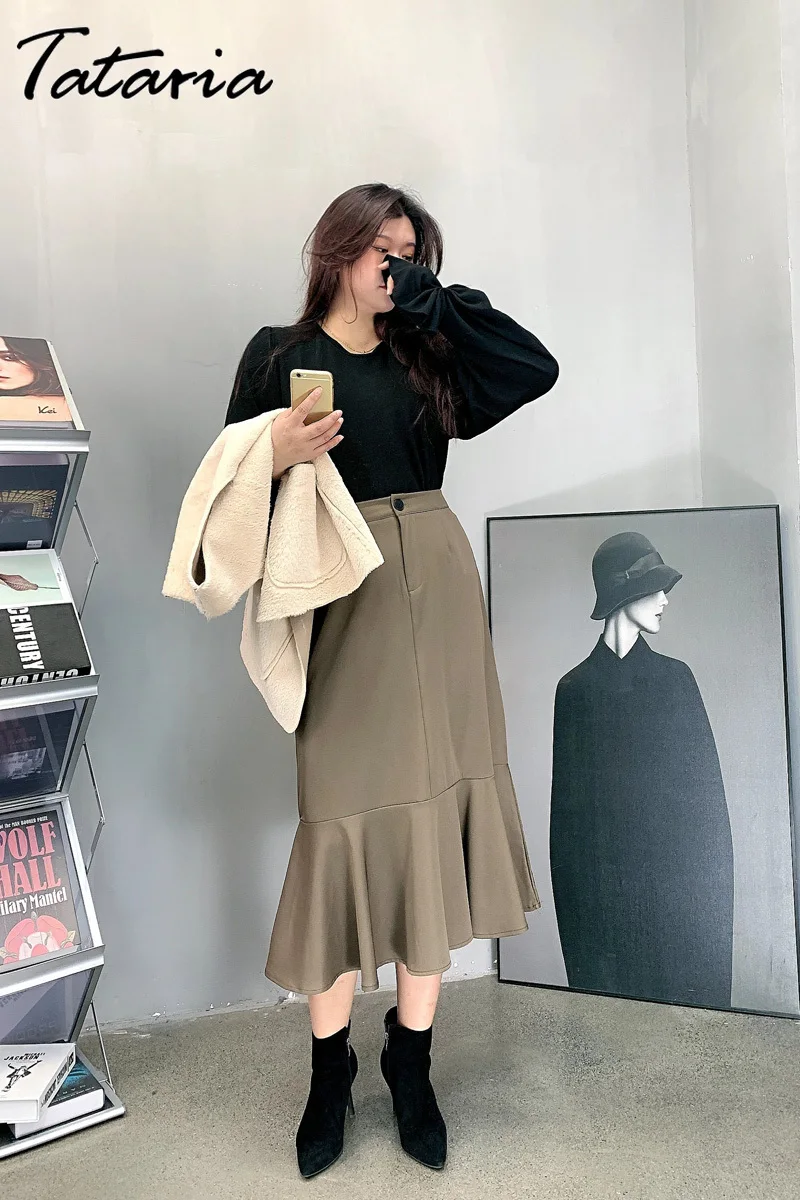 

Midi Skirt Womens Skirt Plus Size Elegant High Waist Khaki Mermaid Korean Style Skirt Ladies Casual Long Skirt 2021 Spring