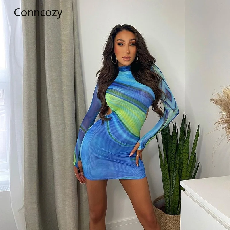 

Сетчатое прозрачное облегающее мини-платье с принтом на бедрах, женское сексуальное облегающее платье с открытой спиной и длинным рукавом, ...